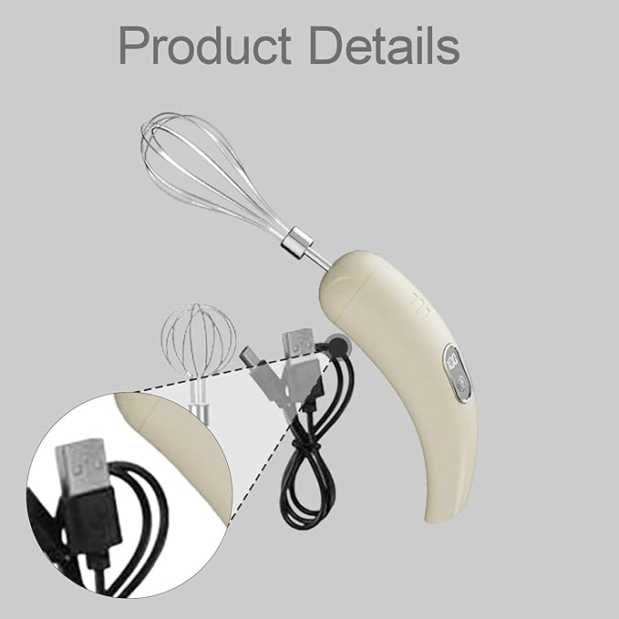 Electric Egg Beater USB Handheld Milk Frother 5 Speed Cordless Cream Mixer Stainless Steel Whisk Heads Suitable for Home Use Kitchen Baki, Beige