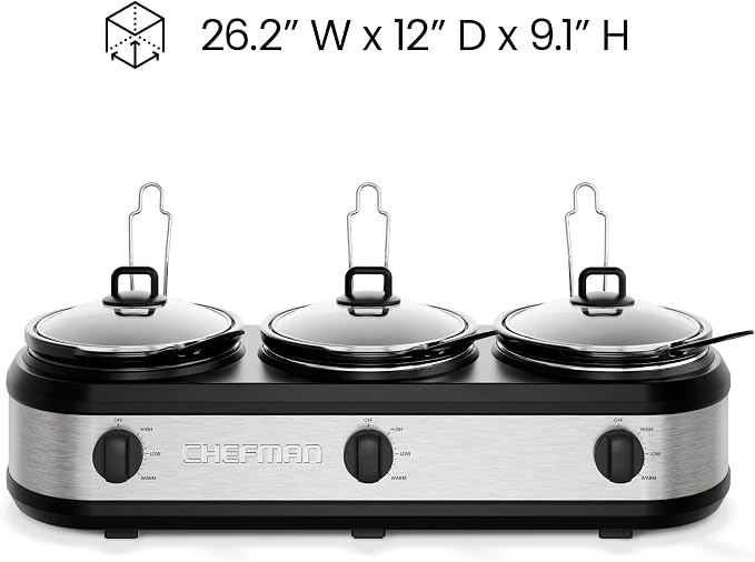 Chefman Triple Slow Cooker & Food Warmer, Three Crock Slowcooker with 2.5 Qt. Ceramic Crocks, 7.5-Quart Total Capacity, PFAS-Free, Three Temperature Settings, Dishwasher-Safe Parts – Stainless Steel