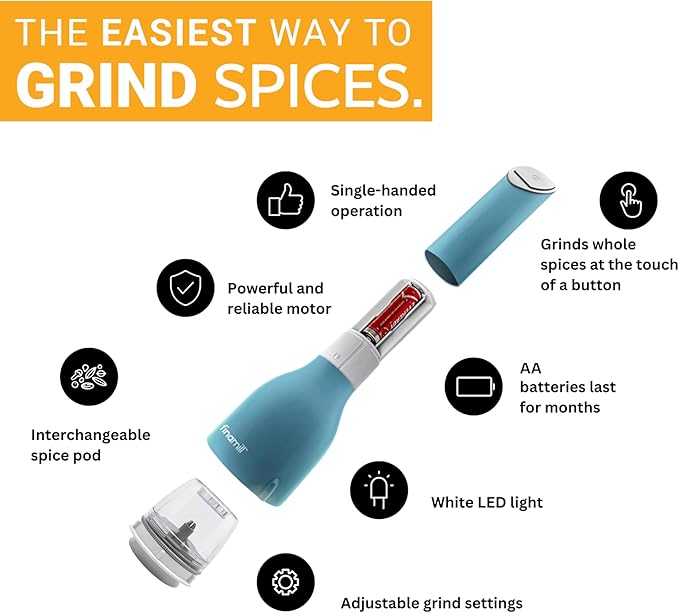 FinaMill Classic Battery Spice Mill – Battery Operated Salt and Pepper Grinder Set, Includes 2 Interchangeable Spice Pods, Adjustable Coarseness, Ceramic Grinder, LED Light, Home and Kitchen Gift Set