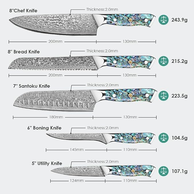 KEENZO Damascus Chef Knife Set 5 pcs, Professional Kitchen Knives Set, Chef's Knife, Santoku,Bread, Paring, Fillet, Utility,Sharp Blade Cooking Knife set, Ergonomic Abalone Shell handle with Gift Box