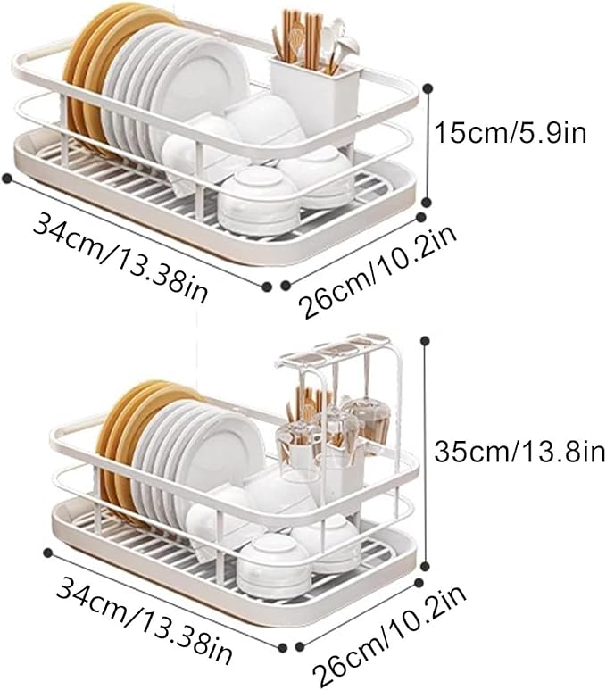Kitchen Counter Dish Drying Rack,Stainless Steel Dishes Drainer with Utensil Holder,Space-Saving Dish Rack,Removable Plastic Drainer Tray for Dishes, Knives, Spoons (Black,Has Cup Holder)