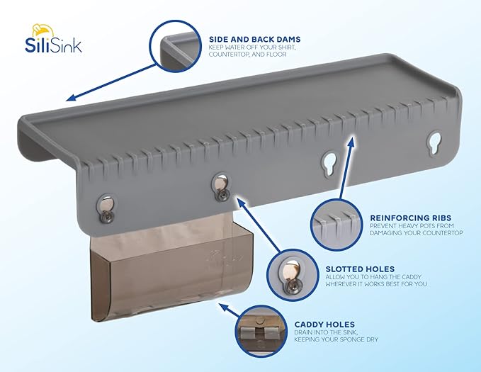 SiliProducts SiliSink Silicone Sink Edge Guard for Kitchen Sink - Fits 3.75” - 4” Wide - The Original Silicone Edge Protector with Sponge Caddy, 14” Gray