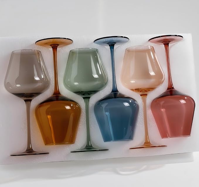 Physkoa Colored Burgendy Wine Glasses Set 6-18oz HandBlown Colorful Wine Glass With Long Stem,Multi Color Mothers Day Wine Glasses Gift for Women Mom