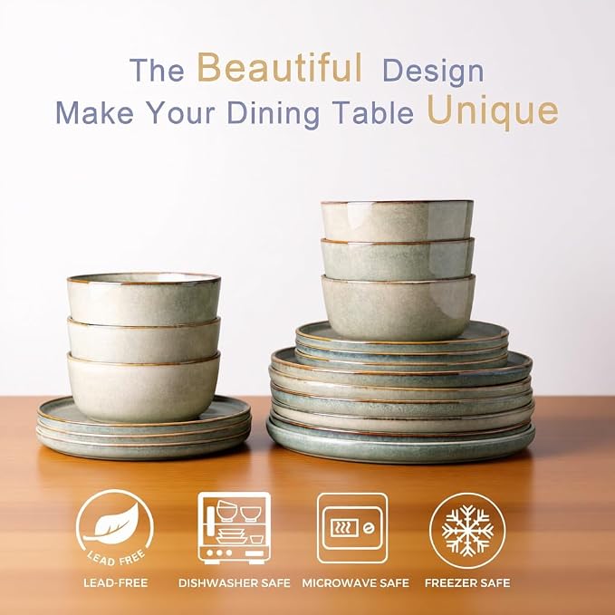 AmorArc Stoneware Dinnerware Sets,Round Reactive Glaze Ceramic Plates and Bowls Set,Highly Scratch Resistant | Dishwasher & Microwave Safe Dishes,Service for 6 (18pc)