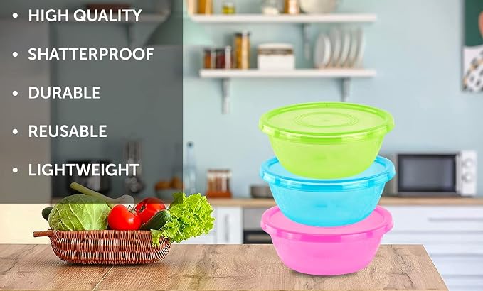 DecorRack Extra Large Assorted Serving Bowls with Lids, 5.25 Quarts Bowls, Vibrant Party Decor (3 Pack)