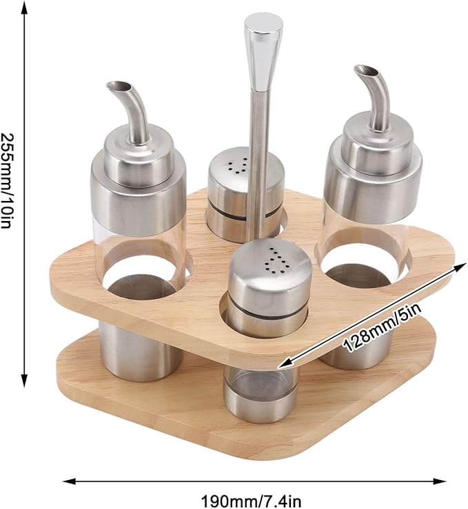 4-Pack Stainless Steel Kitchen Dispenser Set with Wooden Holder - Precision Olive Oil, Vinegar, Salt & Pepper Bottles for Home & Restaurants