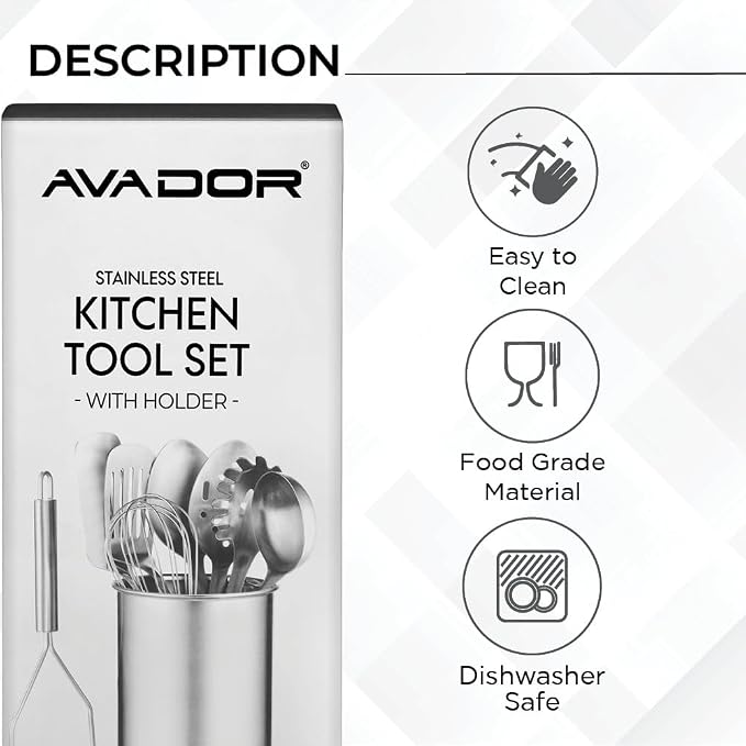 Avador® Premium Set of 10 Stainless Steel (BLACK HOLDER) Kitchen Tool Set with Holder Easy To Clean, Space Saving, Great for Cooking, Baking, Prepping (BLACK)