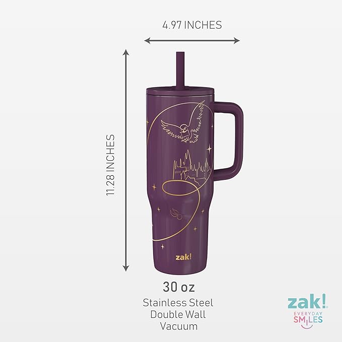 Zak Designs Harry Potter Sutton Travel Tumbler for On the Go, 30oz Stainless Steel with Vacuum Insulation, Silicone Straw, and Carry Handle for Cold Drinks (Hogwarts)