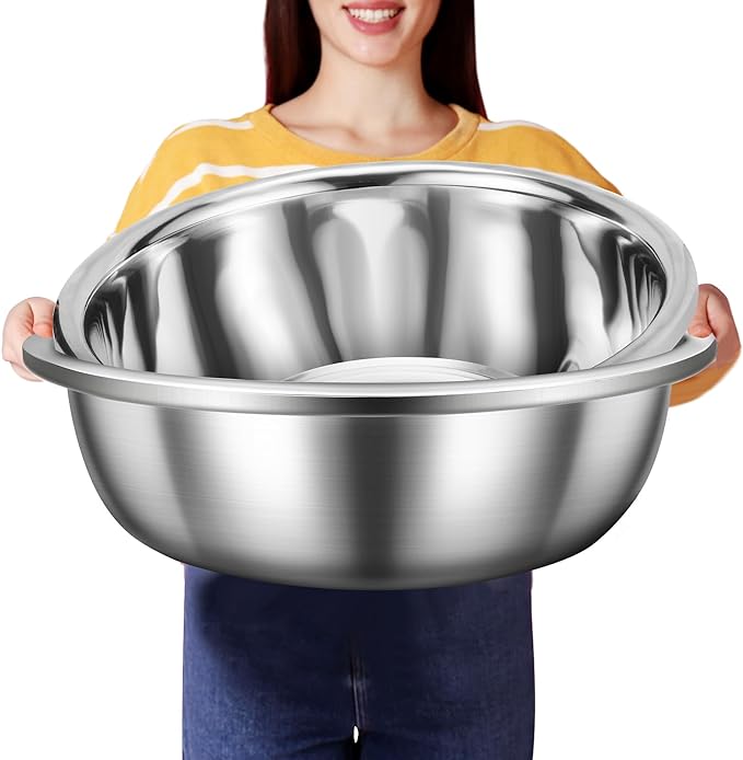 FillTouch 2 Pack Large Mixing Bowl 16 Qt Oversized All Purpose 304 Stainless Steel Polished Mirror Flat Base Metal Bowl for Home or Commercial Prepping Baking Mixing Marinating
