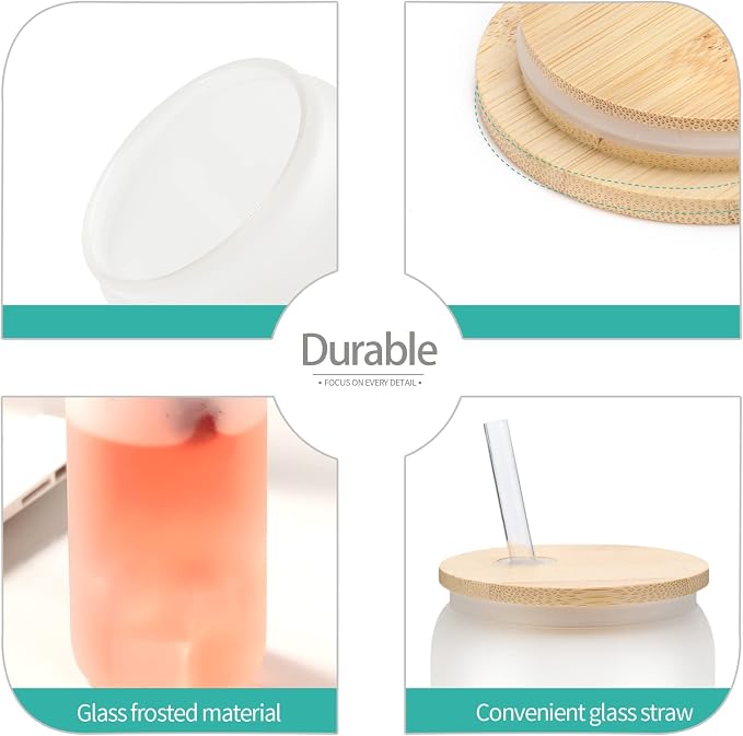 YOUKE OLA 20 Pack Sublimation Blank Beer Glass Cup Can Shaped Frosted with Bamboo Lids Borosilicate Glasses Tumbler Mason Jar Cups Mug with Glass Straw for Beer, Juice, Soda, Iced Coffee, Drinks 16oz