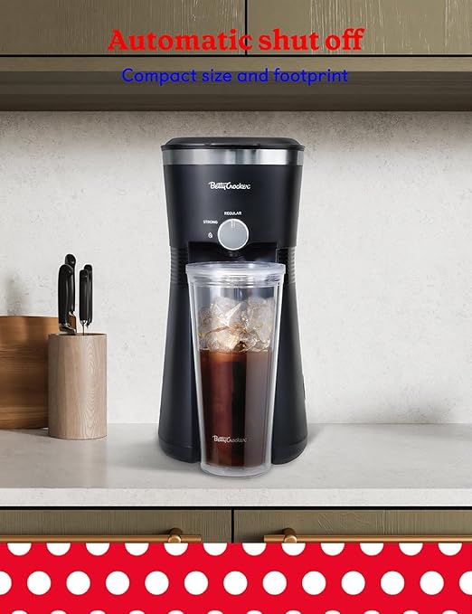 Betty Crocker Coffee Maker for Iced & Hot Brew, Brews in 4 Minutes, Compact Iced Coffee Machine with Chrome Accents, Reusable Filter, BPA-Free 20-Oz Tumbler & Straw, BC-4869B, Black