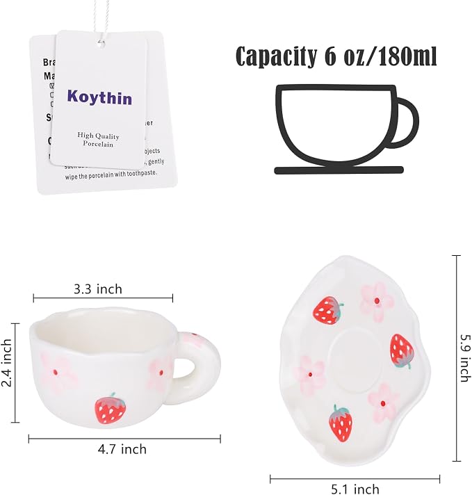 Koythin Ceramic Coffee Mug with Saucer Set, Cute Creative Cup Unique Irregular Saucer Design for Office and Home, 6 oz/180 ml for Latte Tea Milk (Strawberries and Flowers)