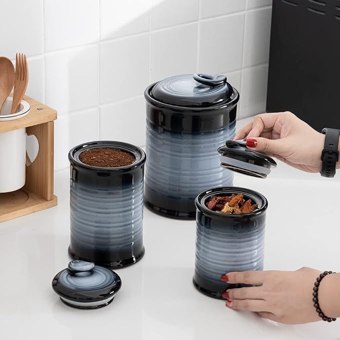 Nihow Food Storage Jar,Ceramic Canister Sets for The Kitchen,Set of 3,Gray | Air Tight Lid,Seal Damp-proof,For Flour/Sugar/Rice/Coffee/Cookies/Candy,Kitchen Counter Canister/Dishwasher Safe