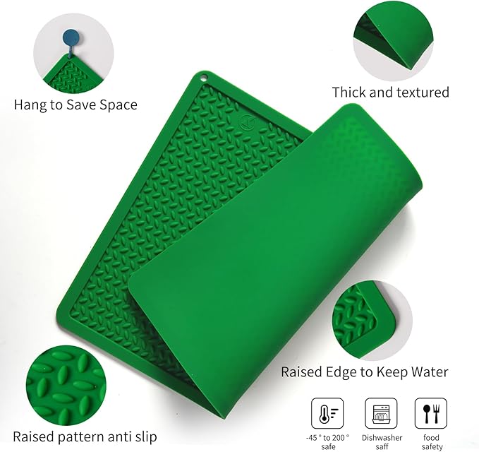 Silicone Drying Mat & Heat Resistant Mat for Kitchen Counter, Non-Slip Dishwasher Safe, Raised Edge for Dishes Bottles Sink (25.5x17.7in, Dark Green)