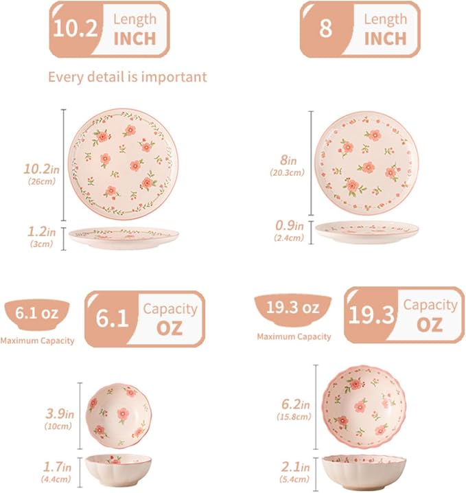 24-Piece Dinnerware Set for 6, Ceramic Plates and Bowls Sets, Microwave & Dishwasher Safe Dish Sets for Daily Use & Gifting, with Spring Peach Blossom Pattern