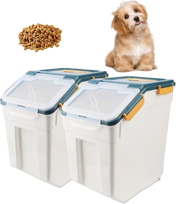 AnRui Rice Storage Container 50LB, Airtight Flour Storage Containers, Plastic Cereal Grain Dispenser Organizer Pet Food Storage Bin with Lid, Measuring Cup, Scoop, Blue, 2Pcs,Total Capacity:100LB