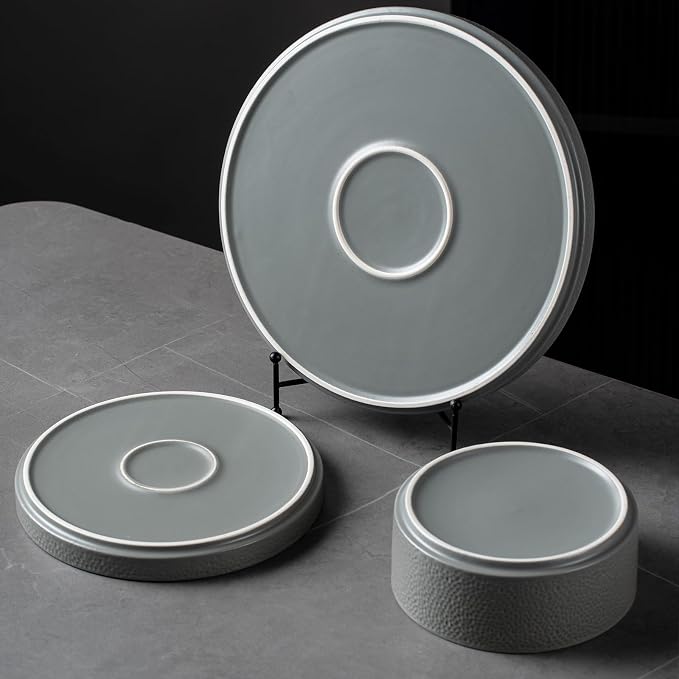 Grey Ceramic Dinnerware Set for 4, 12 Piece Porcelain Plates and Bowls Set, Modern Stoneware Chip and Scratch Resistant Dinner Plate Sets, Everyday Dish Sets, Microwave and Dishwasher Safe