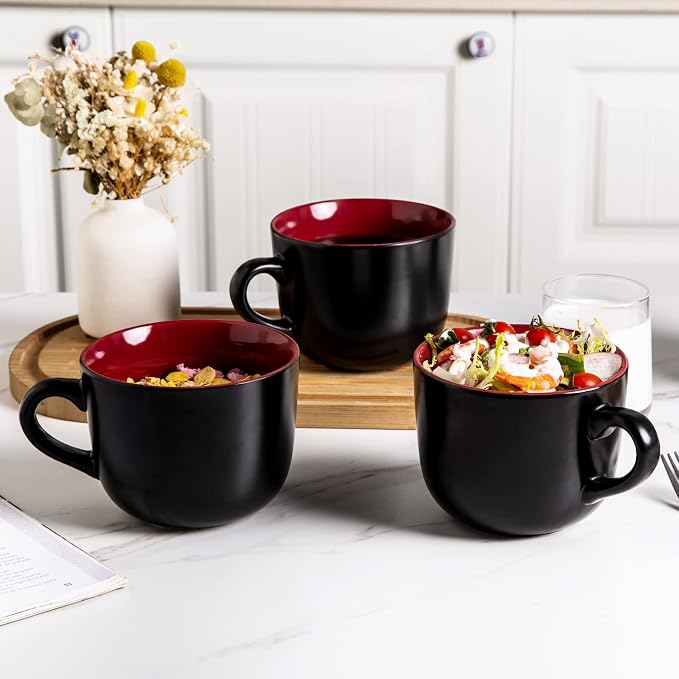 AmorArc 24 oz Soup Mugs with Handles, Jumbo Ceramic Bowls Mugs Set with handles for Coffee Cereal Cappuccino Snacks, Microwave&Dishwasher safe Soup Cups for Meal-Burgundy