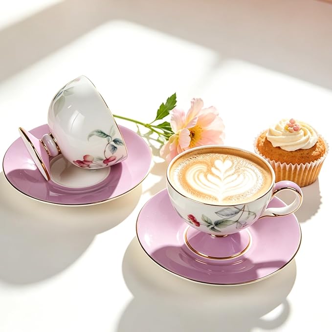 KAMMAK Ceramic Coffee Cups Saucers Set of 2, Porcelain Espresso Cup with Saucer, 6.76 oz Handmade Elegant Bone China Tea Cups, Ceramic Floral Pattern Demitasse Cup for Latte, Americano, Cappuccino