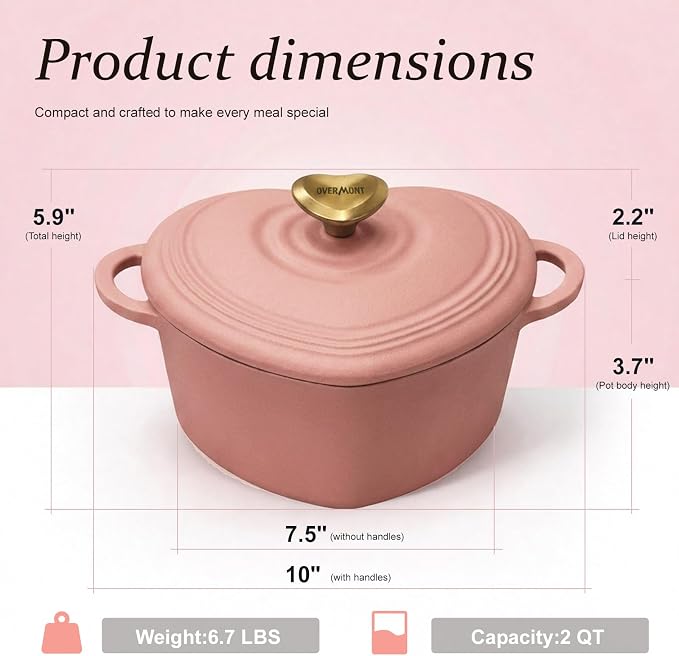 Overmont Heart-Shaped Enameled Cast Iron Dutch Oven, 2QT Pink Mini Pot with Lid for Cozy Meals, Soups & Small Batch Baking, Cute Kitchen Cookware Gift for Wedding, Housewarming & Birthday