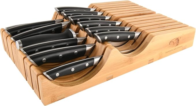 In-Drawer Knife Block with 14 Pieces Japanese Damascus Knives and Sharpener, Bamboo Knife Drawer Organizer with 67-Layer Damascus Steel, Slots for 13 Knives Kitchen Drawer, Counter Top