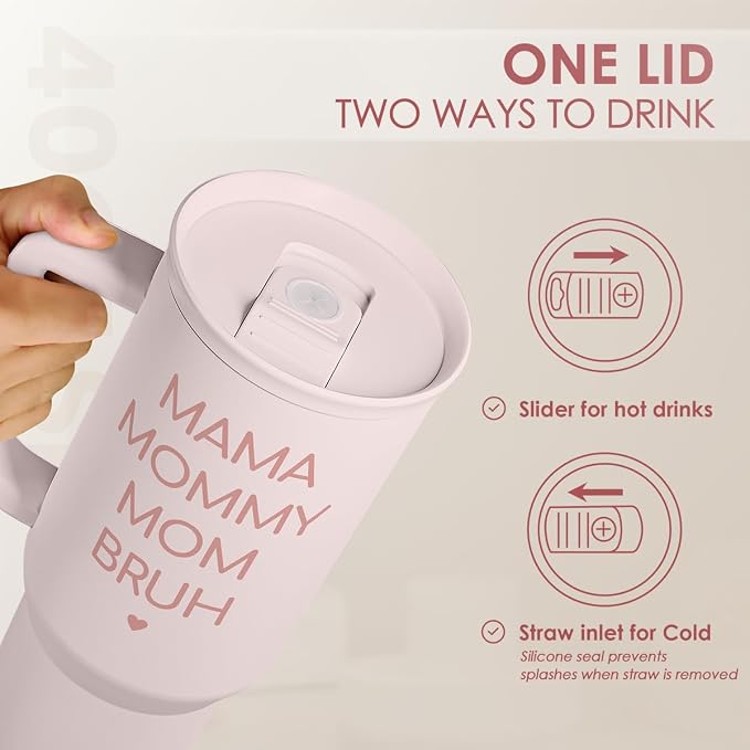 SANDJEST Gift for Mom - Mama Mommy Mom Bruh Stainless Steel Tumbler with Handle, Travel Coffee Mug for Moms - Gifts for Birthday Christmas Mothers Day, 40oz