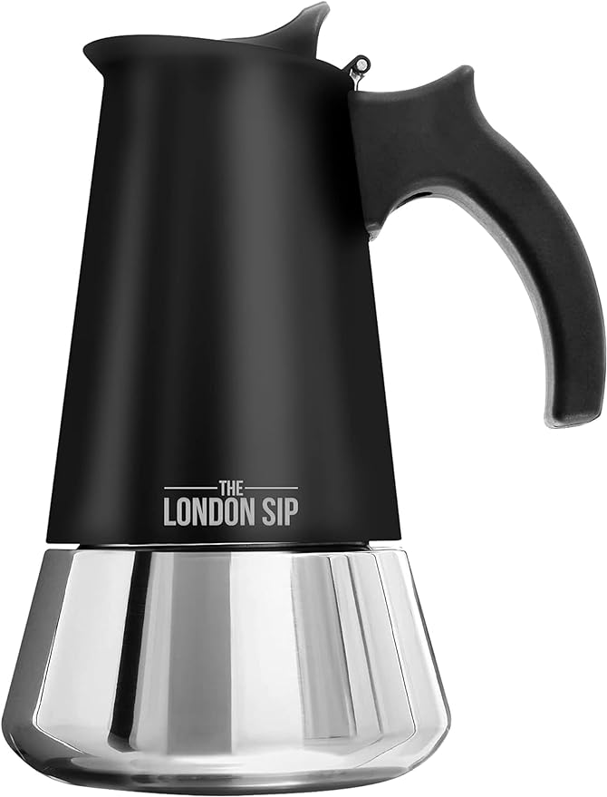 London Sip Stainless Steel Stovetop Espresso Maker Moka Pot Italian Coffee Percolator, Matte Black, 10 Cup
