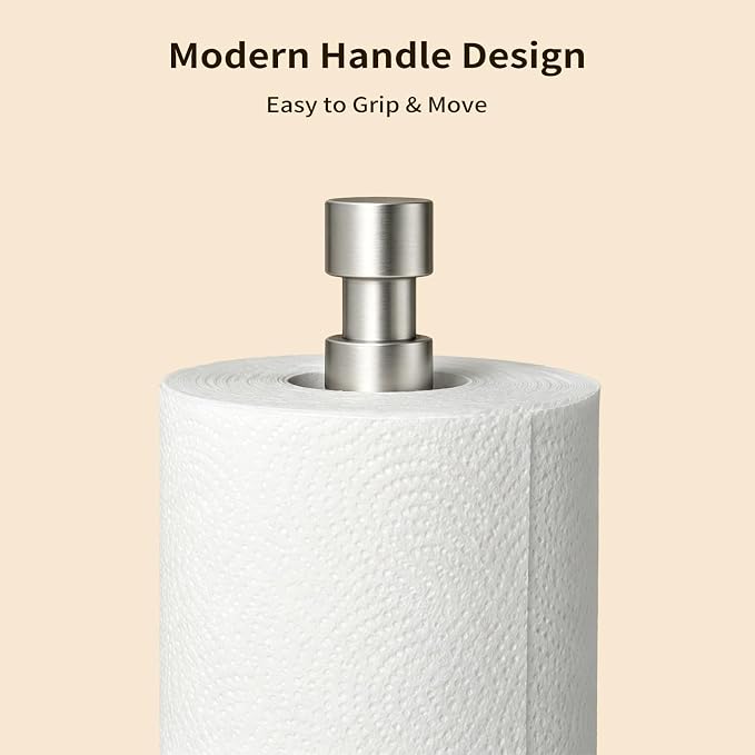 YUMORE Heavy Duty Stainless Steel Paper Towel Holder – Easy One-Handed Tear, Weighted Base Non-Slip, Tension Arm Prevents Unraveling, Countertop Paper Stand for Kitchen, Fits Most Size Rolls (Silver)