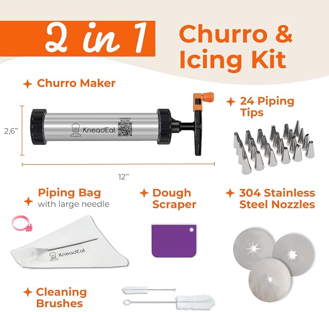 KneadEat Churro Maker Kit with Piping Bag, XL Filling Needle and Decorating Tips Premium Stainless Steel Churrera with Easy Press Handle for Homemade Filled Churros