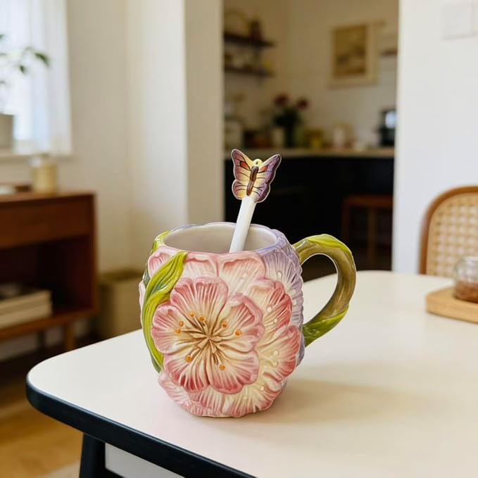 Floral Butterfly Ceramic Cup and Saucer Set - Cute Hand-Painted Sakura Flower Mug with Leaf Saucer and Spoon, Unique Tableware for Coffee/Tea Lovers