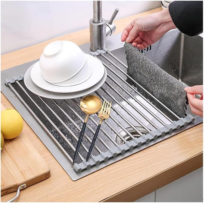 14.6-18.5 Inch Roll Up Dish Drying Rack Over Sink Drying Rack Sink Cover Kitchen Accessories Gadget Multipurpose Organizer Foldable Stainless Steel Drainer(Gray,43x30cm/16.9x11.8in)