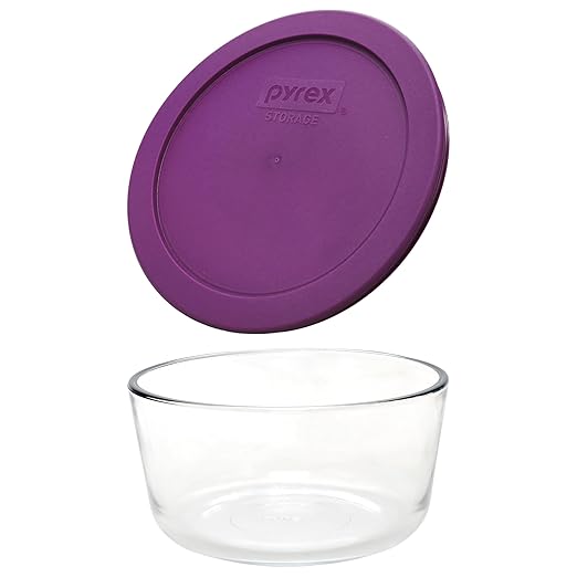 Pyrex 7201 4-Cup Glass Bowl & 7201-PC Purple Food Storage Replacement Lid (4-Pack) - Made in USA