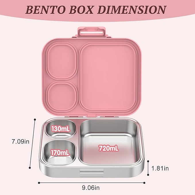 LOHASOK Stainless Steel Kid Lunch Box, Leak-Proof with free sealing Bento Box 3 Compartments Pink Girl