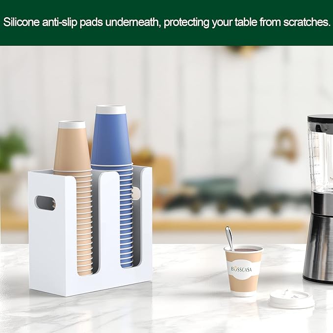 Disposable Coffee Cup Dispenser with Handles, Countertop or Wall Mount Hot/Cold Drink Cup and Lid Holder - Bathroom/Kitchen/Office Acrylic Cup Lid Storage Organizer (2 Compartments, White)