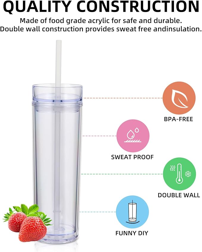 Volhoply 16oz Plastic Skinny Tumbler with Lid and Straw Bulk 10 Pack,Insulated Double Wall BPA Free Matte Acrylic Tumblers,Iced Coffee Travel Reusable Party Cup,Customizable Diy Gifts(Clear,10 Set)