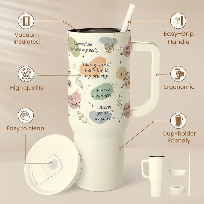 Inspirational Tumbler with Handle 40oz, Daily Positive Inspiration Coffee Cup Stainless Steel Travel Mug, Motivational Gifts for Women Girls Friends Coworker, Gift for Christmas Birthday