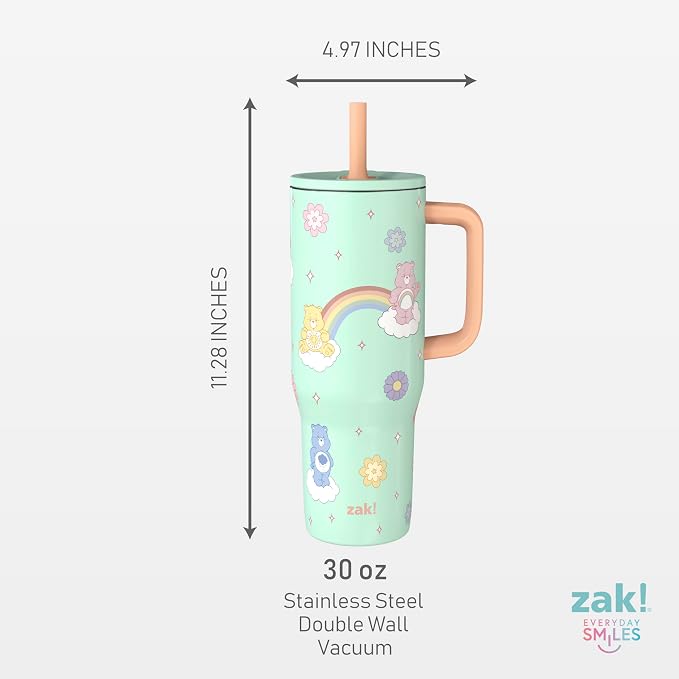 Zak Designs Care Bears Sutton Travel Tumbler for On the Go, 30oz Stainless Steel with Vacuum Insulation, Silicone Straw, and Carry Handle for Cold Drinks (Care Bears)