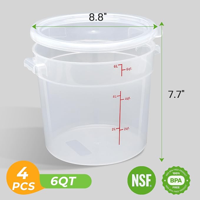BIEAMA 4 Pack 6 Qt Round Food Storage Containers with Lids, Translucent PP | Include lids, labels, measuring cups and containers with capacity markings for food prep, pantry storage and dough proofing.