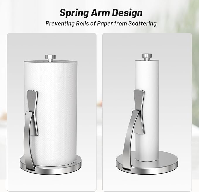 VEHHE Paper Towel Holder Countertop, Paper Towel Holder with Spring Activated Arm and Damping Effect, Simply Tear Paper Towel Stand for Bathroom and Kitchen (Silver)