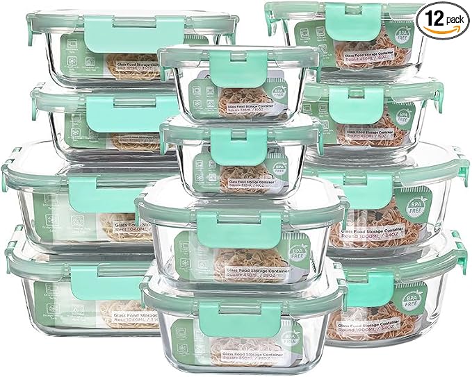 12 Pack Glass Storage Containers Transparent, Stackable Design Meal Prep Containers for Food Storage, Home, Kitchen & Pantry Organization, Microwave/Freezer/Dishwasher Safe