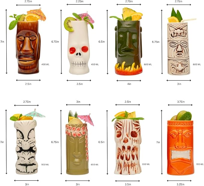 LEMONSODA Ceramic Hawaiian Tiki Glasses - Set of 8 - Tropical Drinkware Tiki Mugs for Cocktails, Barware & Luau Decor