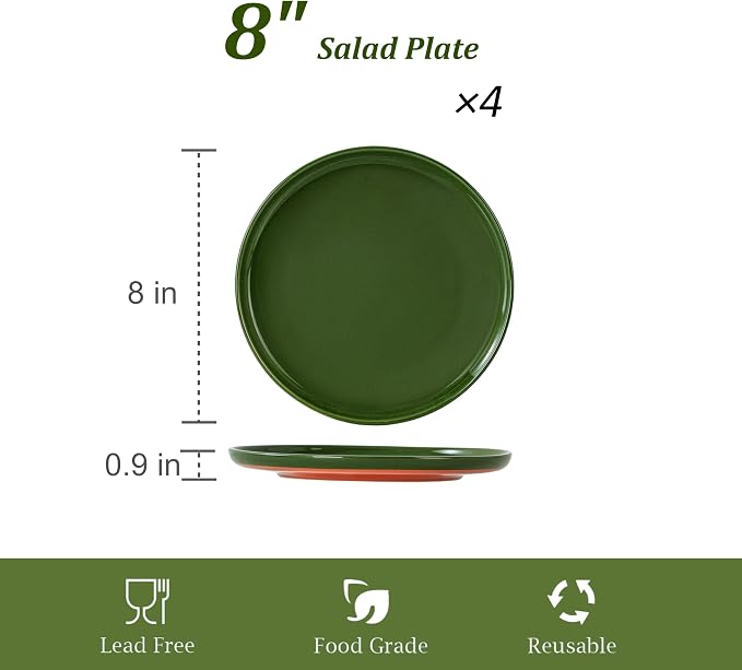 Ceramic Salad Plates Set, 8 Inch, Set of 4, Elegant Green | Stoneware, Dishwasher & Microwave Safe, Small Dinner Plates, For Cake, Fruits, Waffle, Pasta, Salad