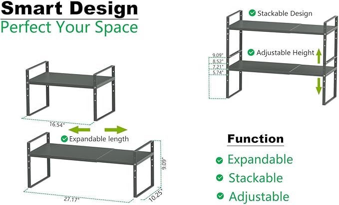 Jojocross Expandable Stackable Spice Rack Cabinet Shelf Organizer in Cabinets Shelves Kitchen Cupboard Organization Stack up Racks Pantry Countertop Storage (Gray, Large 1 Pack)