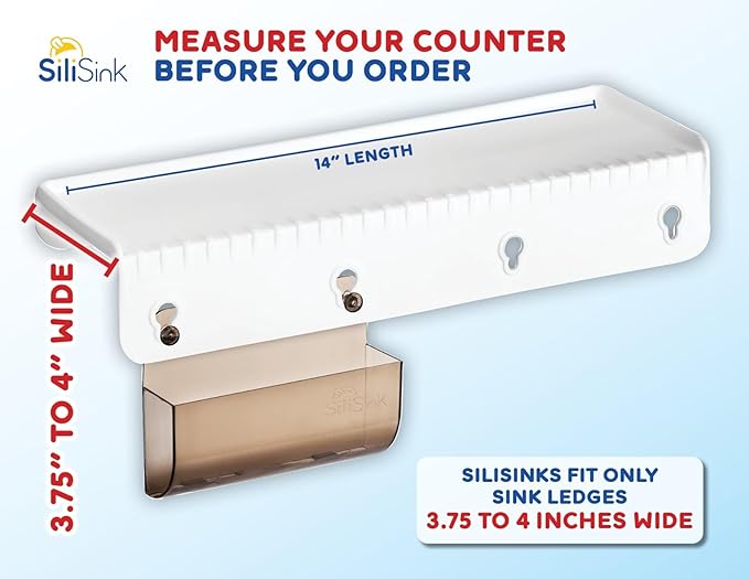 SiliProducts SiliSink Silicone Sink Edge Guard for Kitchen Sink - Fits 3.75” - 4” Wide - The Original Silicone Edge Protector with Sponge Caddy, 14” White