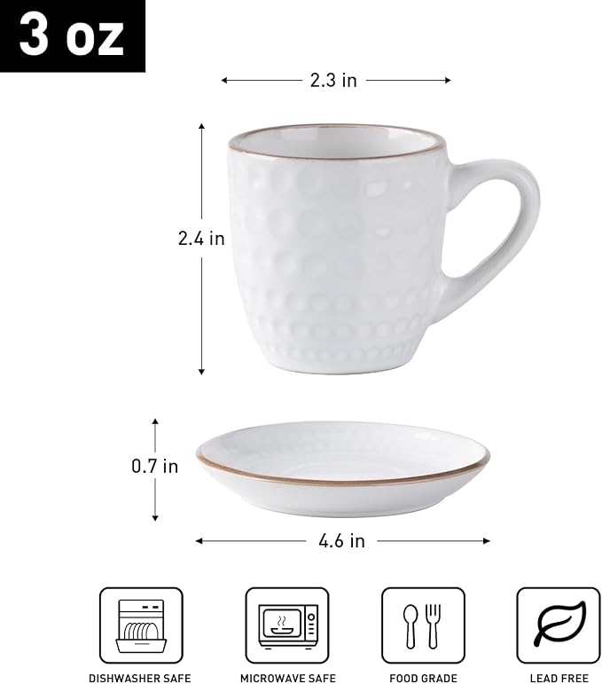 famiware Espresso Cups and Saucers Set of 4, 3 oz Ceramic Small Coffee Mug with Handle, Embossed Stoneware Demitasse Cup for Tea, Latte - Microwave & Dishwasher Safe - White Circle (Pack of 2)
