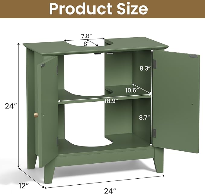Under Sink Bathroom Cabinet with U-Shape Cutout for Pedestal Sink, Storage Cabinet with 2 Doors, Adjustable Shelf, Freestanding Floor Cabinet, Space-Saving Organizer for Bathroom (Green)