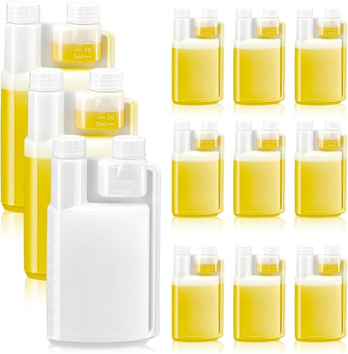 Lounsweer 12 Pcs Plastic Flask with Built in 1oz Shot Glass Graduated Chamber with Caps, Measuring Bottles One for Filling and One for Dispensing, to Store, Measure Dispense Liquids (8.5oz)
