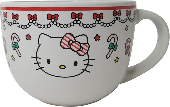Silver Buffalo Sanrio Hello Kitty Christmas Holiday Candy Cane Ceramic Soup Mug, 24 Ounces