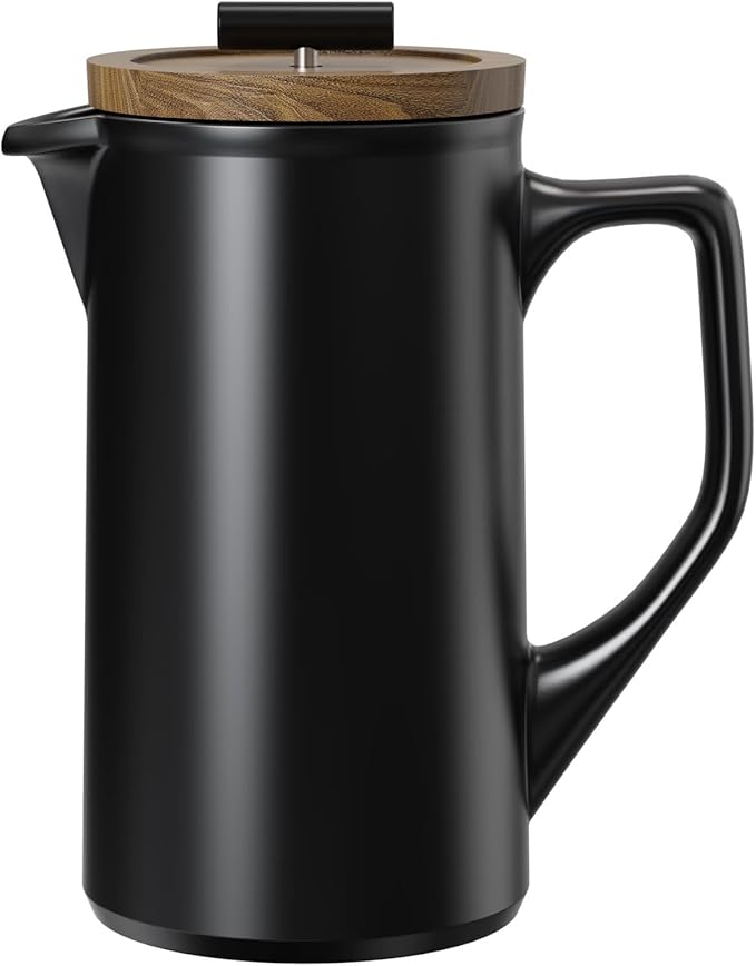 DHPO Ceramic French Press Coffee Maker, 22oz Single Serve Coffee Press with Walnut Wood Lid, Lead-Free, Food Grade Stainless Steel Filter with Dual Screen for Coffee and Loose Tea, Black
