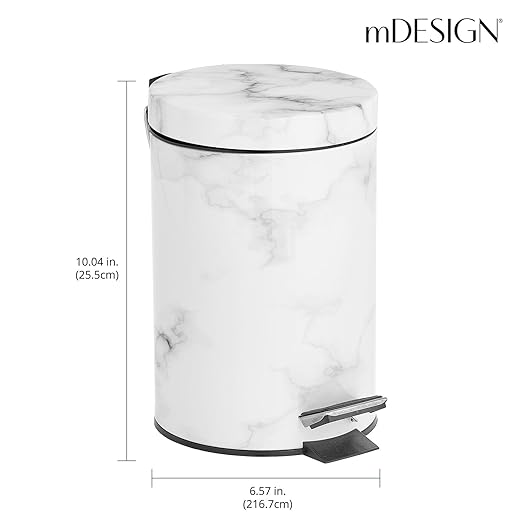 mDesign Extra Small Modern 3-Liter/.7 Gallon Round Metal Lidded Step Trash Can, Compact Garbage Bin with Removable Liner Bucket and Handle for Bathroom, Kitchen, Office, Garage - White Marble Print
